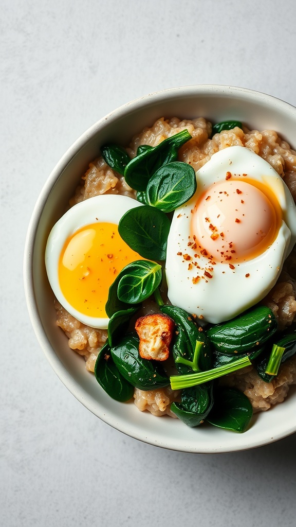 Bowl of savory oatmeal topped with poached eggs and fresh spinach