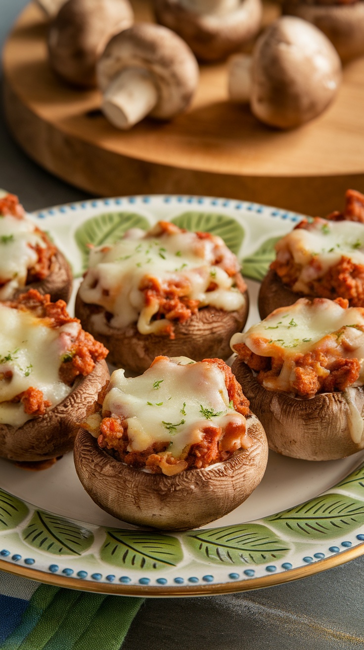Savory sausage and cheese stuffed mushrooms on a plate.