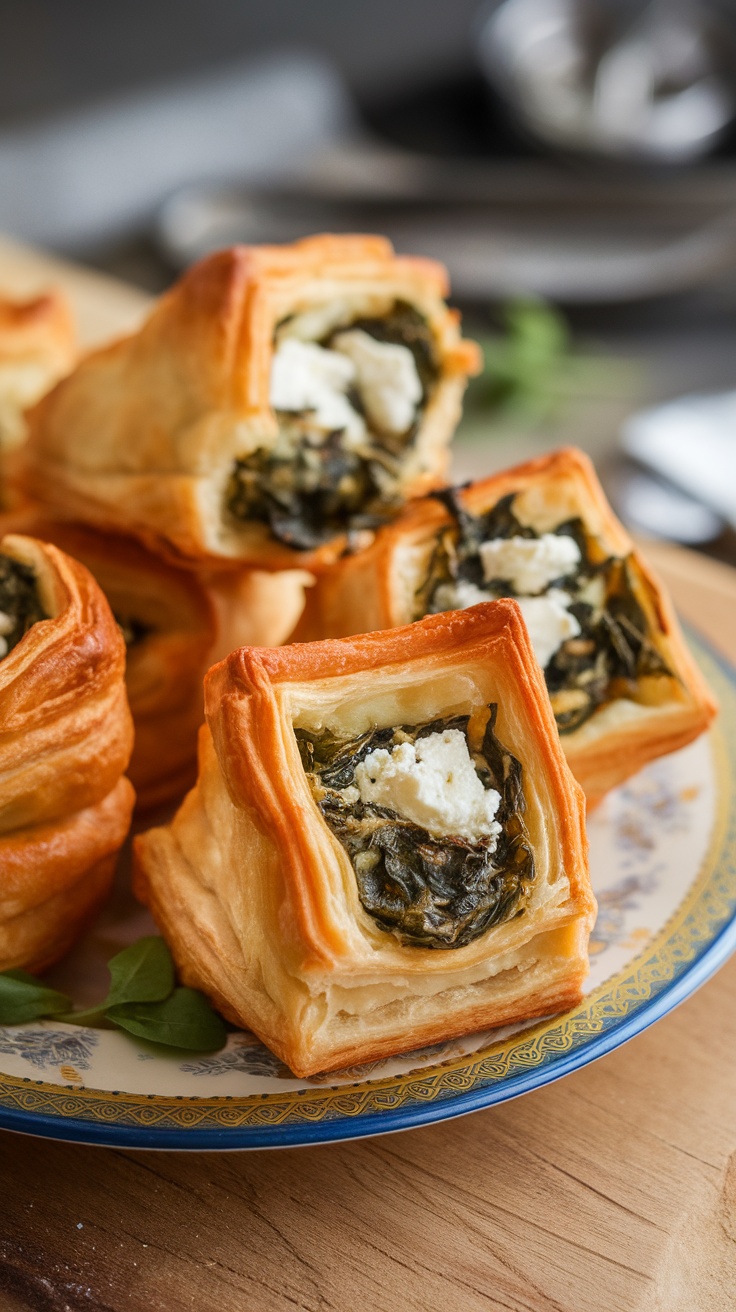 Savory Spinach and Feta Puff Pastry Bites arranged on a plate.