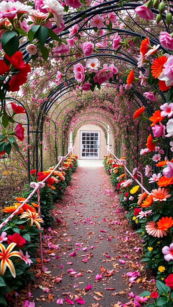 A beautiful floral walkway with red, pink, and orange flowers lining the path under an archway.