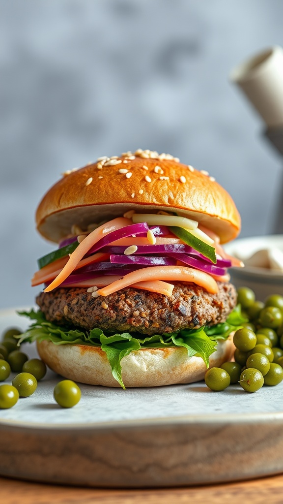 A delicious sesame ginger burger with colorful toppings including cucumbers, carrots, and red cabbage, served in a sesame seed bun.