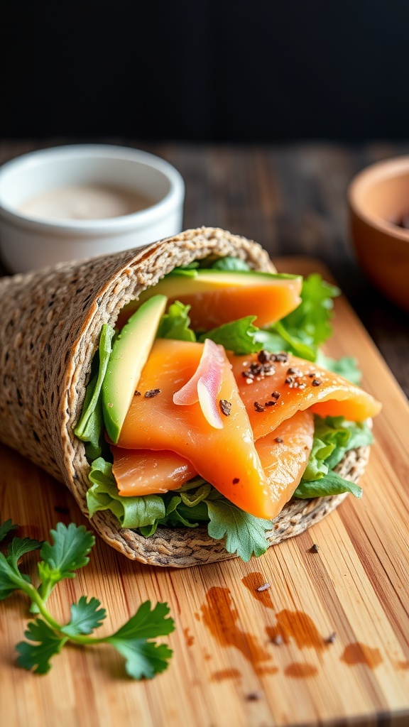 A smoked salmon and avocado wrap on a wooden board