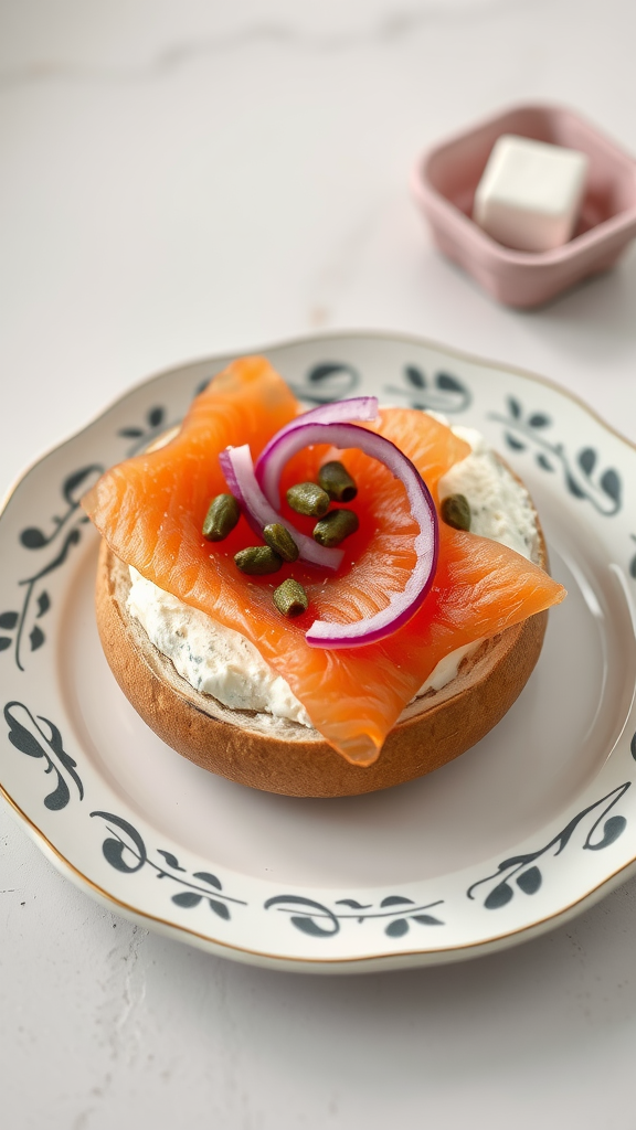 A bagel topped with cream cheese, smoked salmon, capers, and red onion, served on a decorative plate.