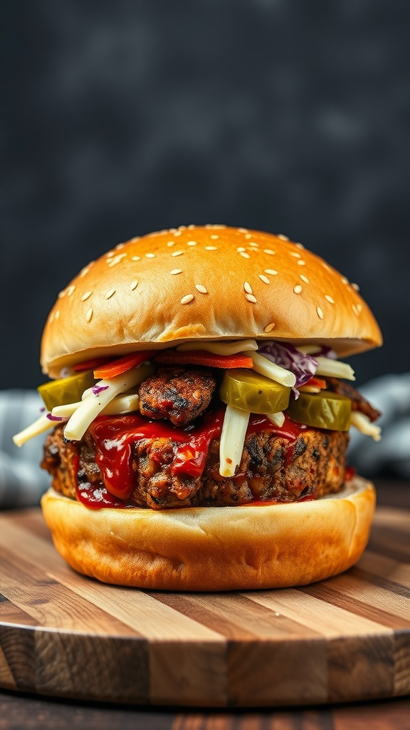 A smoky BBQ tempeh burger with toppings on a wooden cutting board.