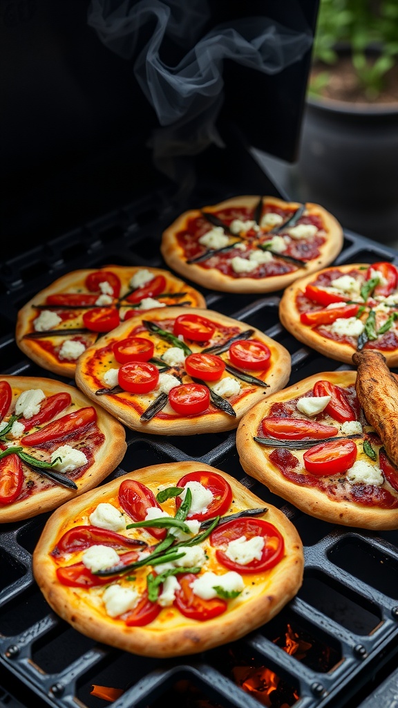 Smoky grilled flatbread pizzas on a grill, topped with fresh ingredients.