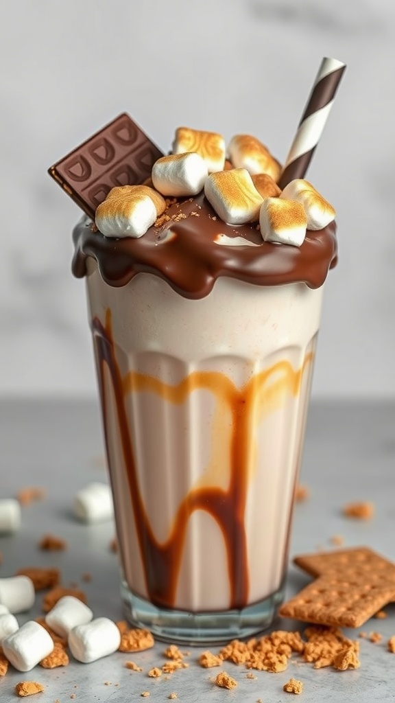 A delicious S'mores Inspired Shake topped with toasted marshmallows, chocolate syrup, and a graham cracker.