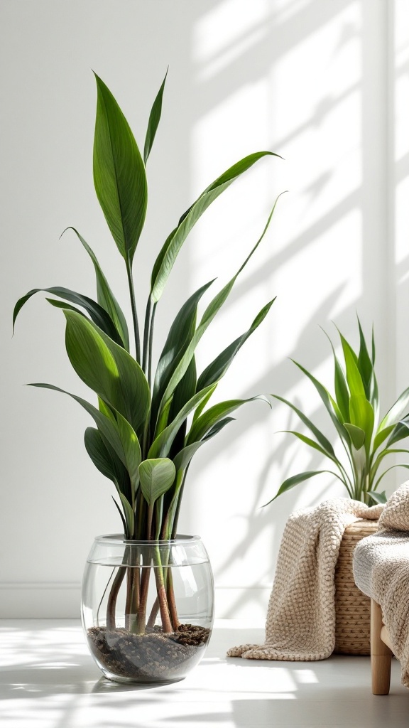 A Snake Plant in a light-colored pot against a backdrop of sunlight and shadows.