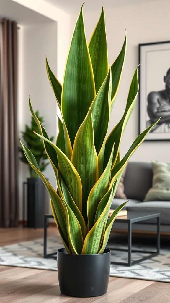 A tall snake plant with green and yellow leaves in a modern indoor setting