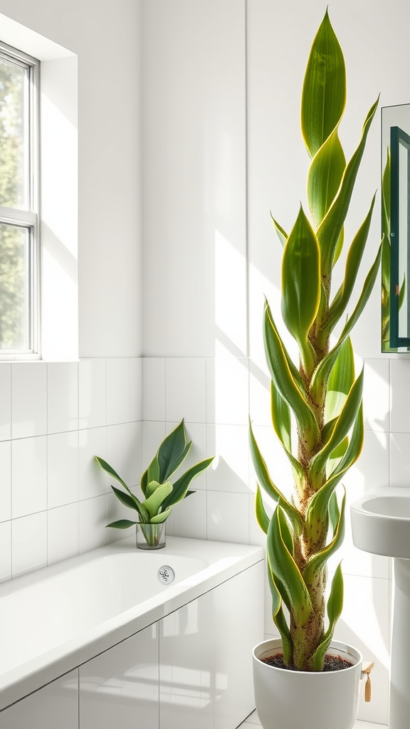 A tall snake plant in a bright bathroom with a bathtub.