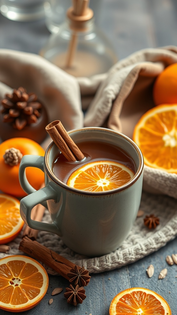 A cozy cup of spiced orange and apple brew with cinnamon and orange slices.