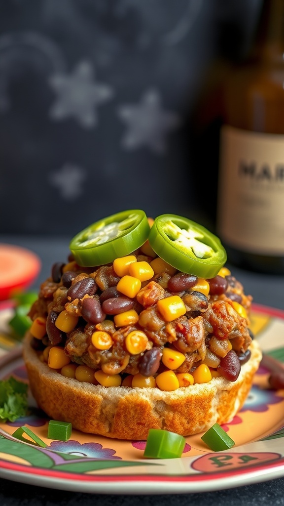 Delicious spicy black bean and corn burger topped with jalapeño slices on a colorful plate.