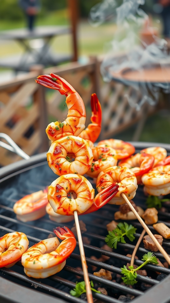 Spicy grilled shrimp skewers on a grill, garnished with herbs