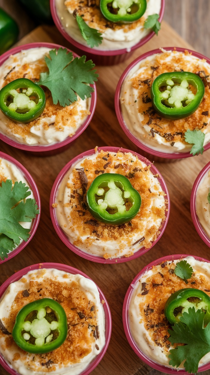 Spicy Jalapeño Popper Dip Cups garnished with cilantro and jalapeño slices.