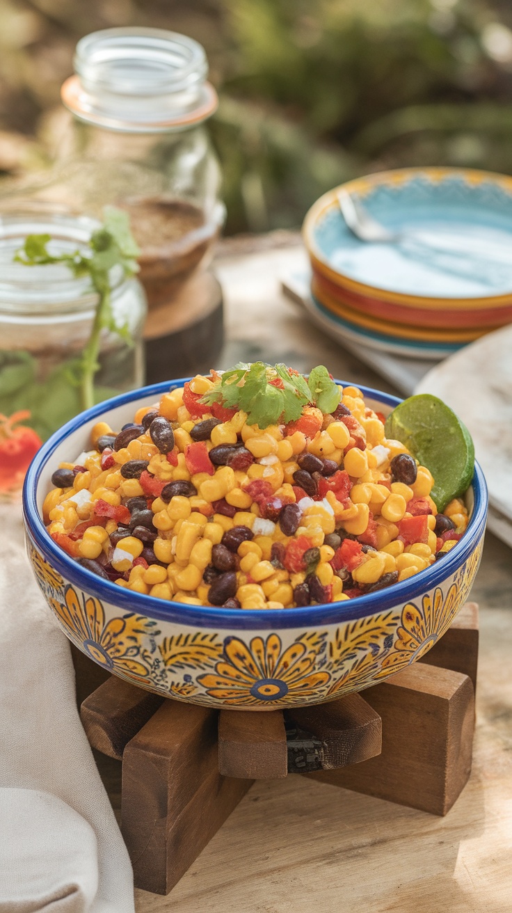 A vibrant bowl of Spicy Southwest Corn Salad with corn, black beans, and colorful peppers.