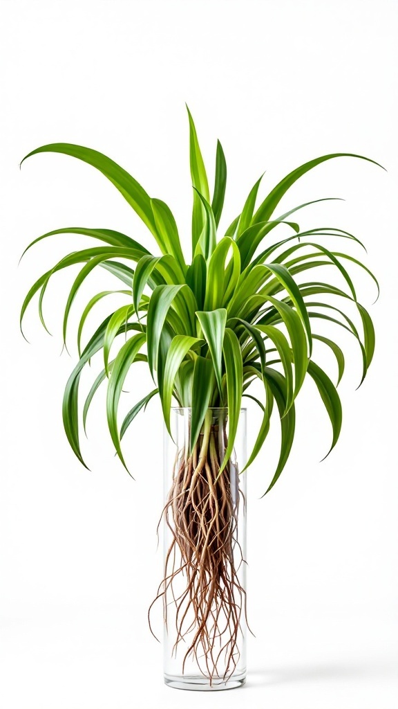 A spider plant with long green leaves and visible roots in a clear glass vase