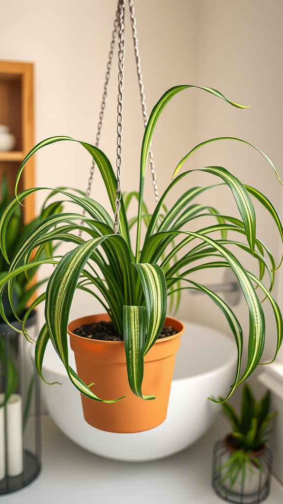 A hanging Spider Plant with long green and white striped leaves in a bathroom setting.