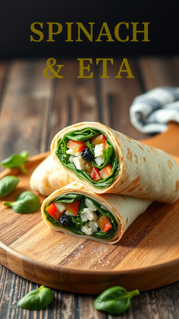 A delicious spinach and feta breakfast wrap on a wooden cutting board.