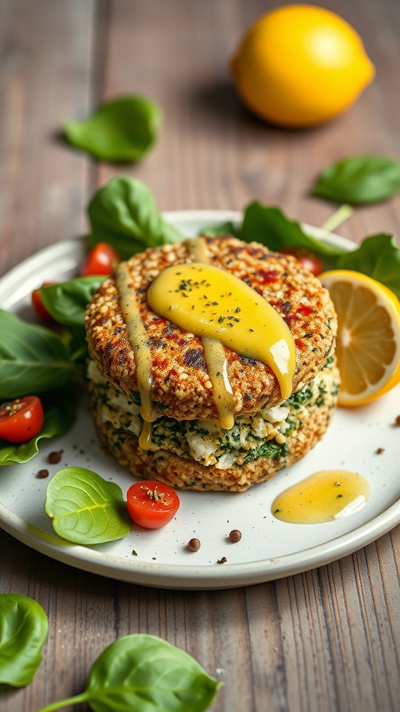 A delicious spinach and feta quinoa burger stacked with a drizzle of sauce on top.