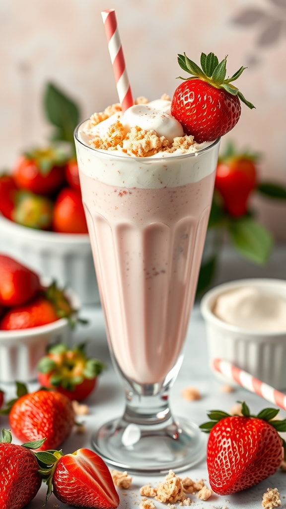 A delicious Strawberry Shortcake Milkshake topped with whipped cream and fresh strawberries.