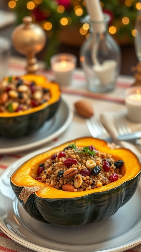 Stuffed acorn squash filled with quinoa, beans, and veggies on a plate