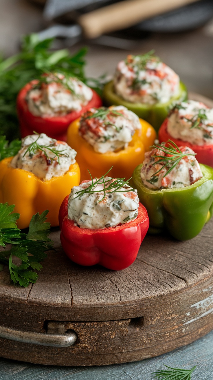 Colorful mini bell peppers stuffed with cream cheese and herbs on a wooden platter.