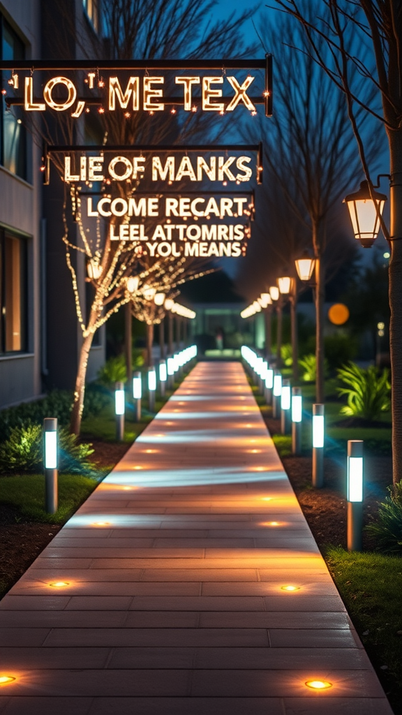 A well-lit outdoor pathway with LED lights and lanterns, leading through a garden.