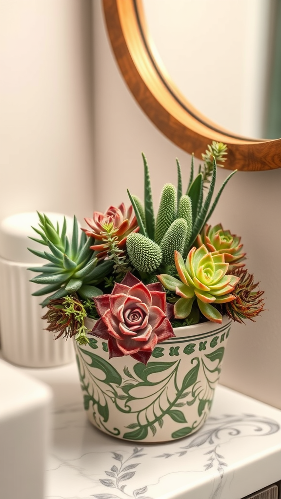 A vibrant succulent garden in a decorative pot, showcasing various succulent types, perfect for bathroom decor.