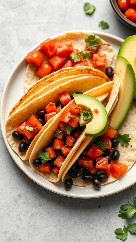 Delicious sweet potato and black bean breakfast tacos topped with fresh tomatoes and avocado slices.