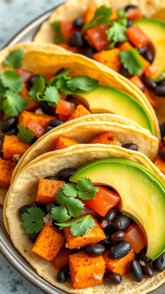 A plate of sweet potato and black bean tacos topped with avocado and cilantro.