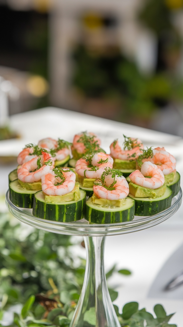 Shrimp and avocado cucumber bites arranged on a platter