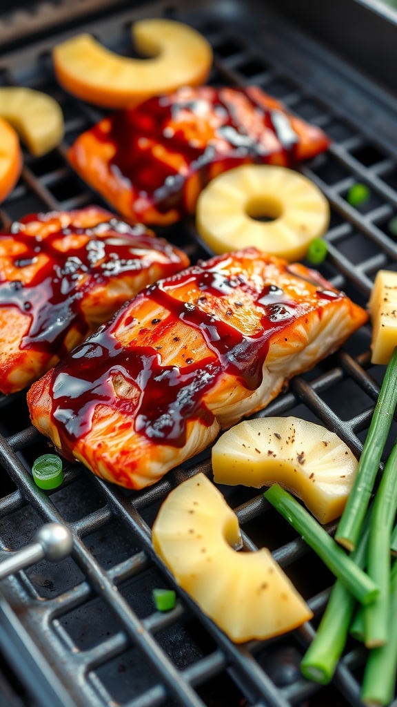 Grilled teriyaki salmon fillets with pineapple on a grill