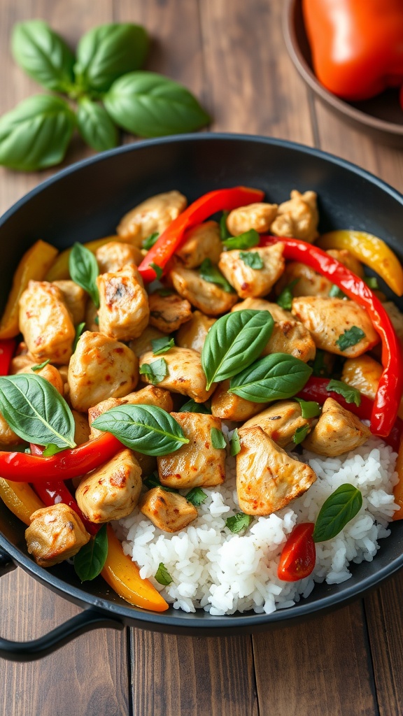 A bowl of Thai Basil Chicken served with rice and colorful bell peppers.