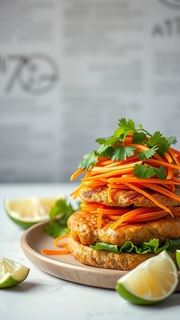 A plate of Thai Peanut Burgers stacked high with fresh vegetables and garnished with lime.