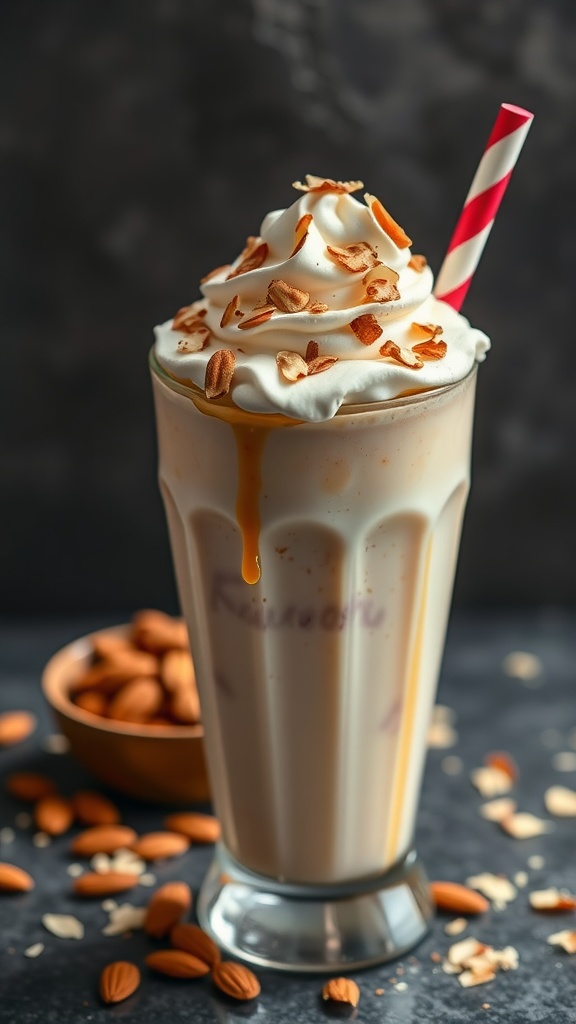 Toasted Almond Milkshake with whipped cream and caramel drizzle