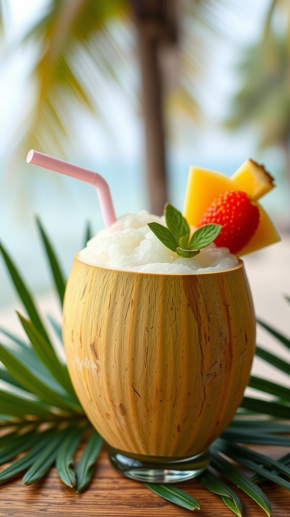 Tropical Coconut Agua Fresca in a coconut shell