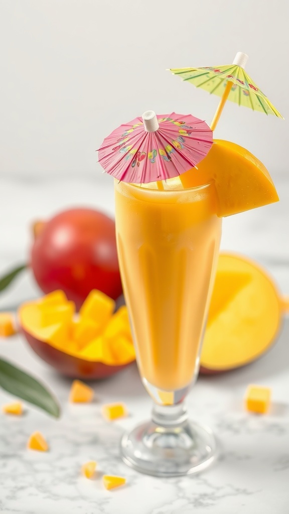 A tropical mango milkshake with decorative umbrellas and fresh mangoes