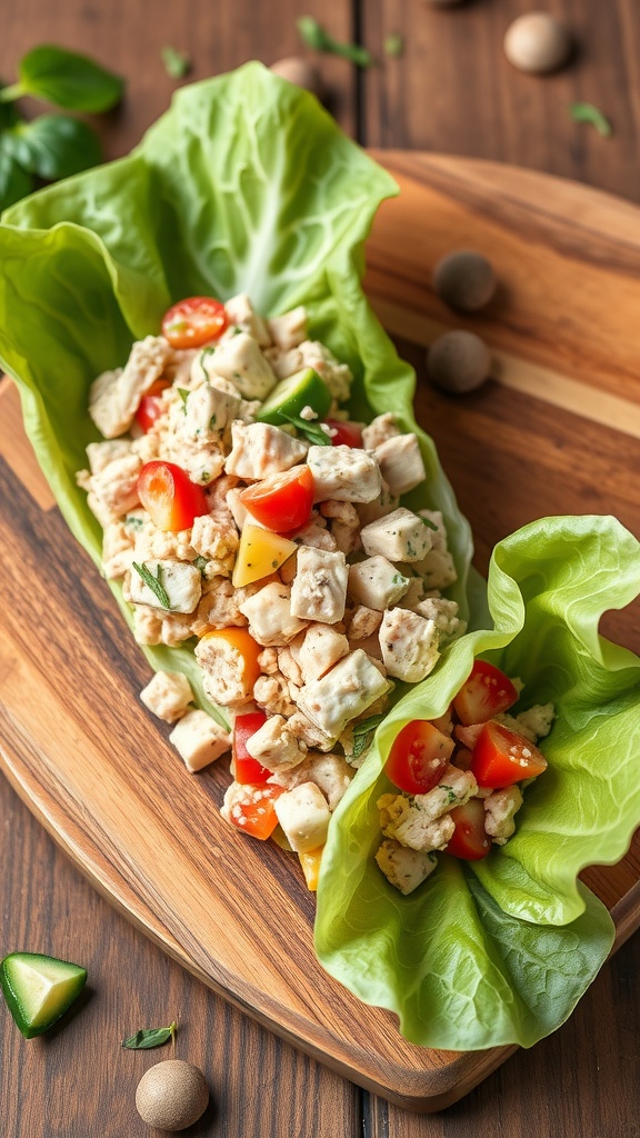 Tuna salad stuffed in lettuce wraps with fresh vegetables.