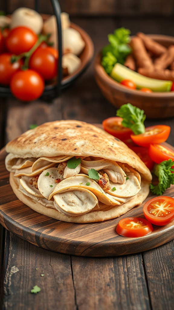 A turkey and hummus pita sandwich with fresh tomatoes on a wooden plate.