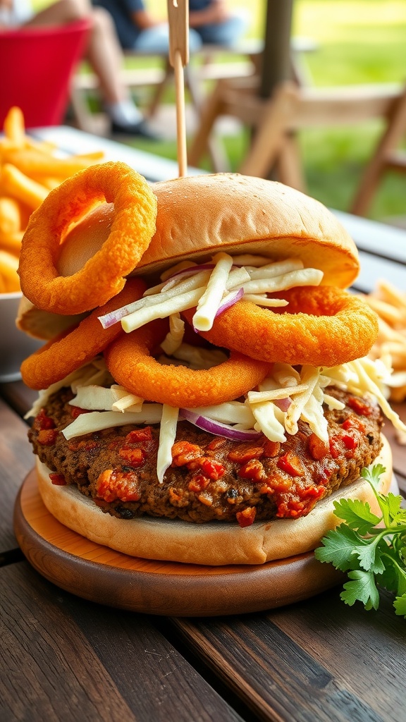 A stack of a Vegan BBQ Lentil Burger topped with slaw and onion rings.