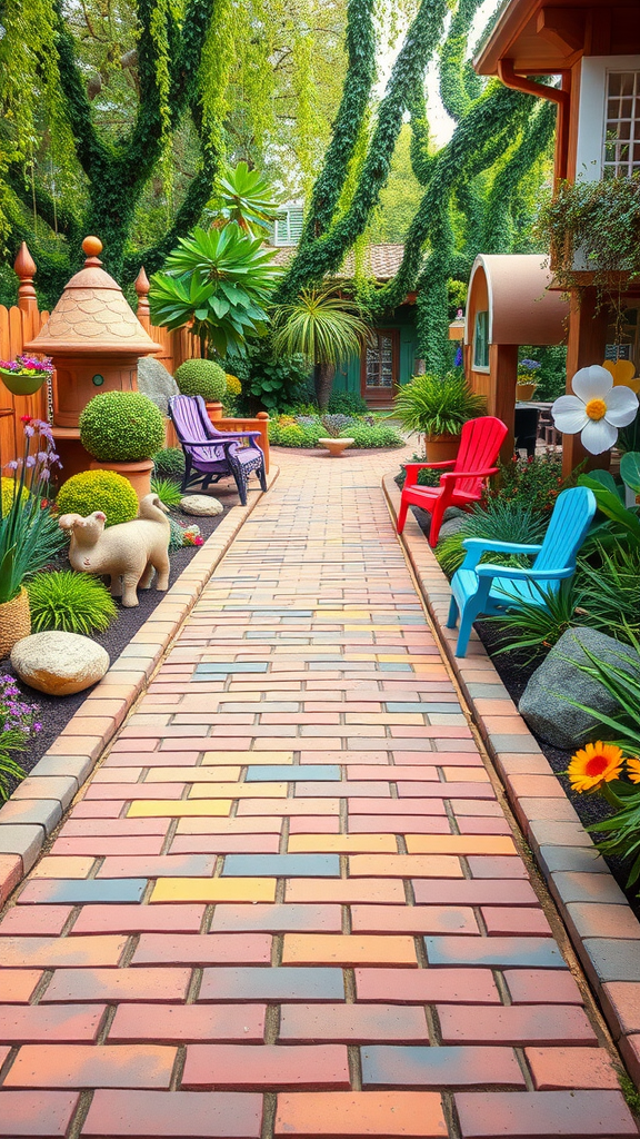 A colorful whimsical brick pathway leading through a lush garden.