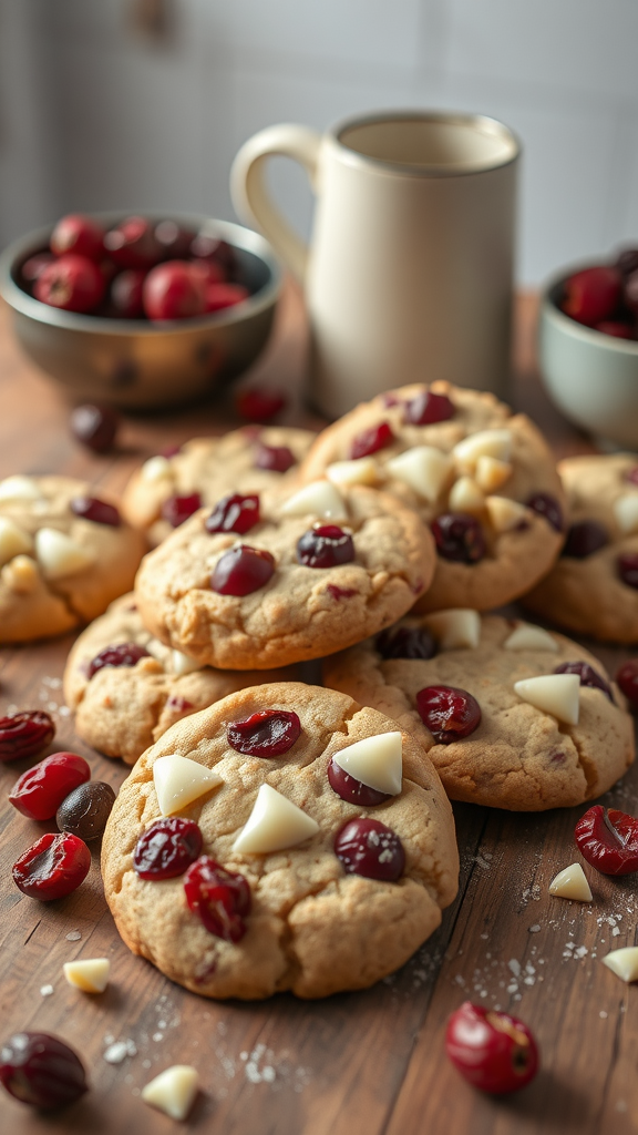 Delicious white chocolate cranberry cookies on a wooden table with cranberries in bowls