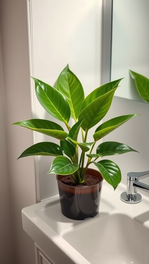 A ZZ plant with glossy green leaves placed on a bathroom sink