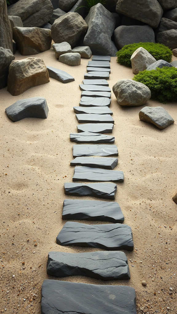 A serene stone pathway made of flat stones leading through sandy ground, surrounded by large rocks and greenery.