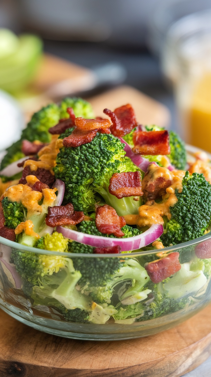 A bowl of zesty broccoli salad with bacon, red onion, and cheddar cheese.