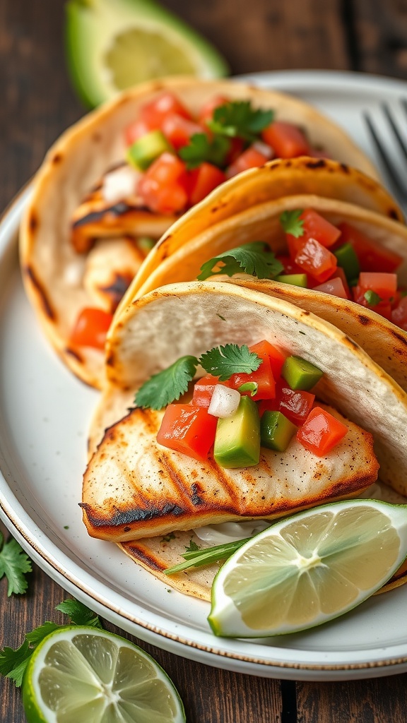 Delicious grilled fish tacos topped with fresh salsa and lime