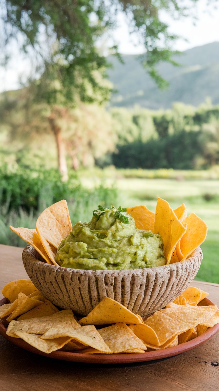 A bowl of guacamole surrounded by tortilla chips, perfect for appetizers.