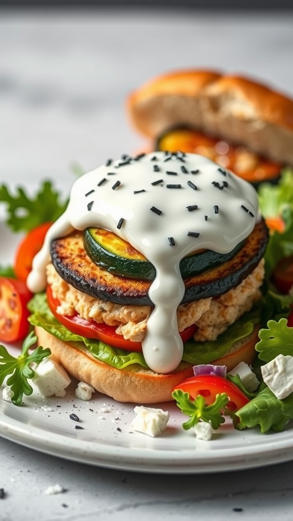 A delicious zucchini and feta burger topped with sauce and fresh vegetables