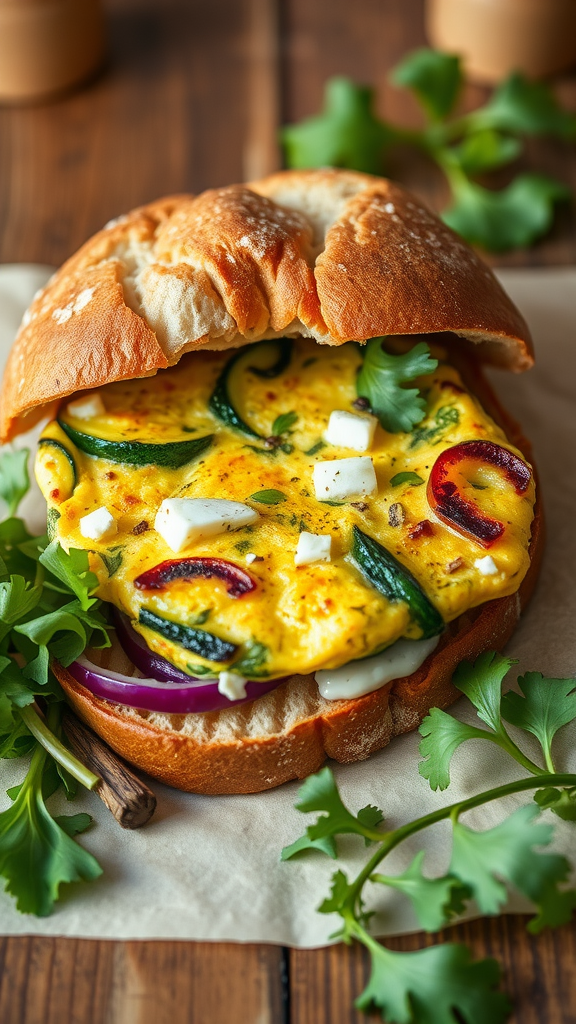 A sandwich with zucchini and feta frittata, fresh greens, and colorful toppings