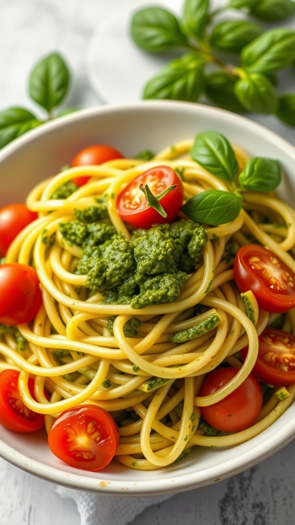 A bowl of zucchini noodles topped with pesto and cherry tomatoes.