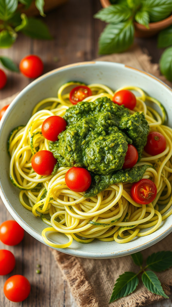 Bowl of zucchini noodles with pesto sauce and cherry tomatoes on top